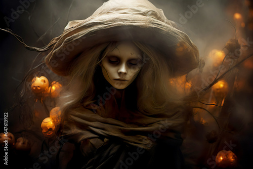 Mystical portrait of wicked witch with frightening makeup. For Dia de Los Muertos or Halloween holidays. Generative AI