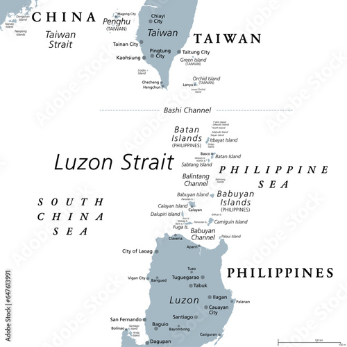 Luzon Strait, gray political map. Strait between Luzon and Taiwan, connecting Philippine Sea to South China Sea in the western Pacific Ocean. Important body of water for shipping and communications.