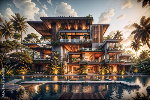 Luxury jungle villa with roof garden, glass villa with a sloping roof, modern House © Fernandha theori