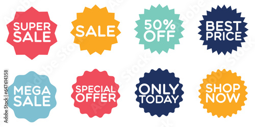 Sale stickers. Colorful spiky polygonal stickers. Sale, shop now, only today, special offer, best price. Vector set stickers or icons.
