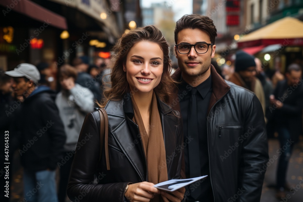 Determined reporter with a notepad interviewing a source on a bustling city street, Generative AI Determined reporter with a notepad interviewing a source on a bustling city street, Generative AI