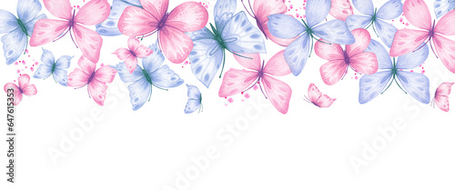Horizontal border with abstract blue and pink butterflies, watercolor. Background with butterflies.