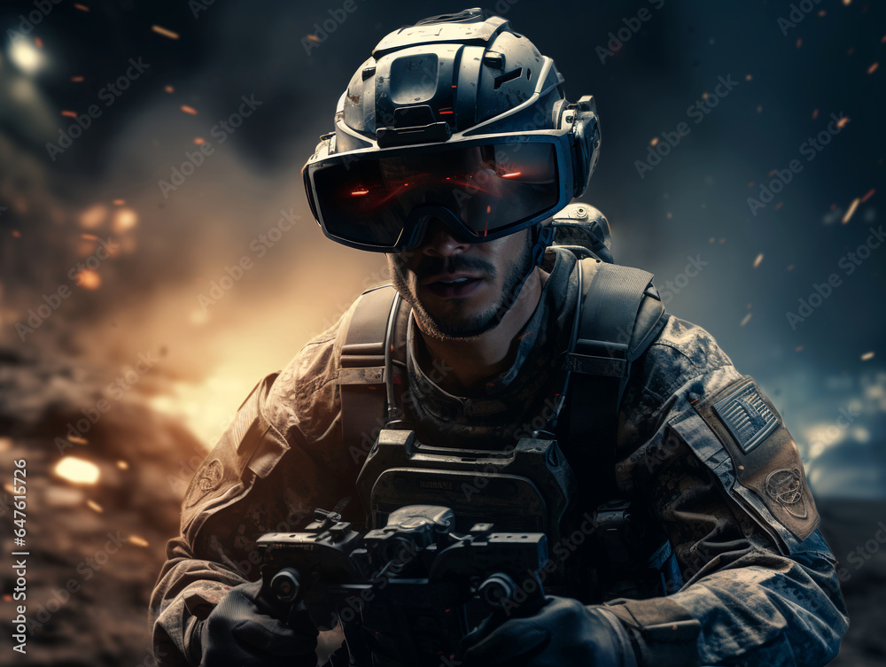 night vision device. Soldier Using Drone for Scouting During Military Operation. force on action with night vision device. Military warrior hold VR drone controller. Modern War. glasses. Generative ai night vision device. Soldier Using Drone for Scouting During Military Operation. force on action with night vision device. Military warrior hold VR drone controller. Modern War. glasses. Generative ai