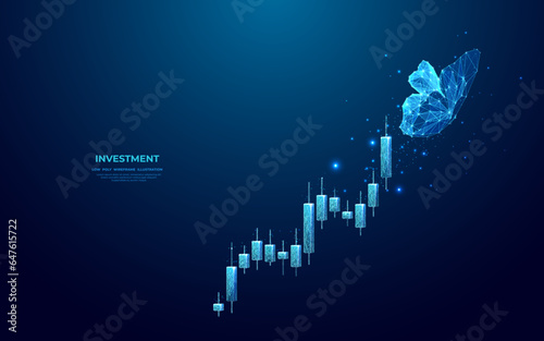 Abstract butterfly flutters over a digital growing graph. Boosting sell. Stock market icon. Investment and finance concept. Futuristic low poly wireframe vector illustration. Polygonal origami insect.