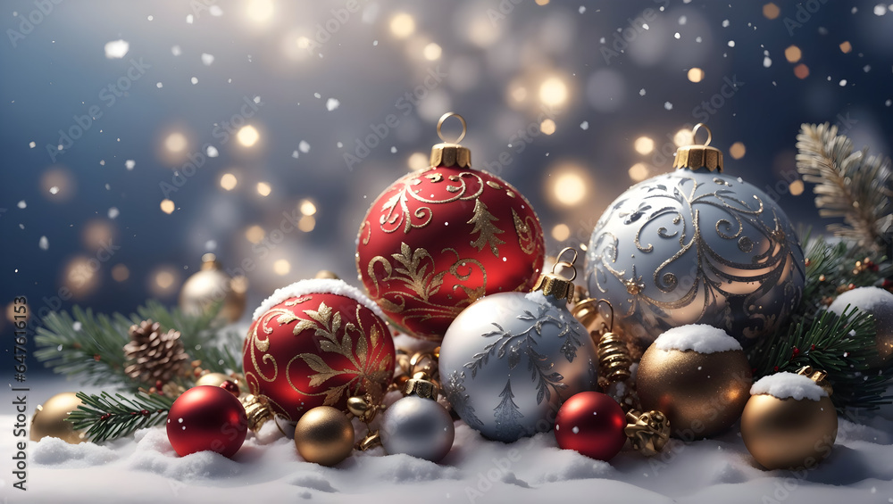 Christmas balls on a snow - obrazy, fototapety, plakaty 
