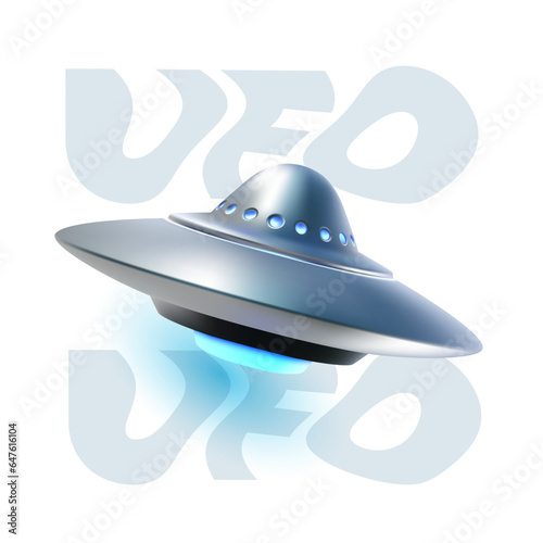 Vector illustration of silver color flying saucer with blue glow on white background. 3d style design of ufo with lighting and word