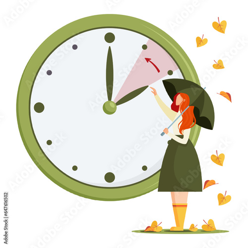 Daylight Saving Time concept. Autumn landscape with young woman with green umbrella, the hand of the clocks turning to winter time. Vector illustration in modern flat style.