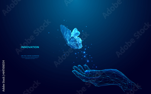 Digital butterfly flies away from hand. Future transform or technology innovation concept. Abstract close-up hand and butterfly in low poly wireframe style. Blue hologram x-ray beautiful insect.