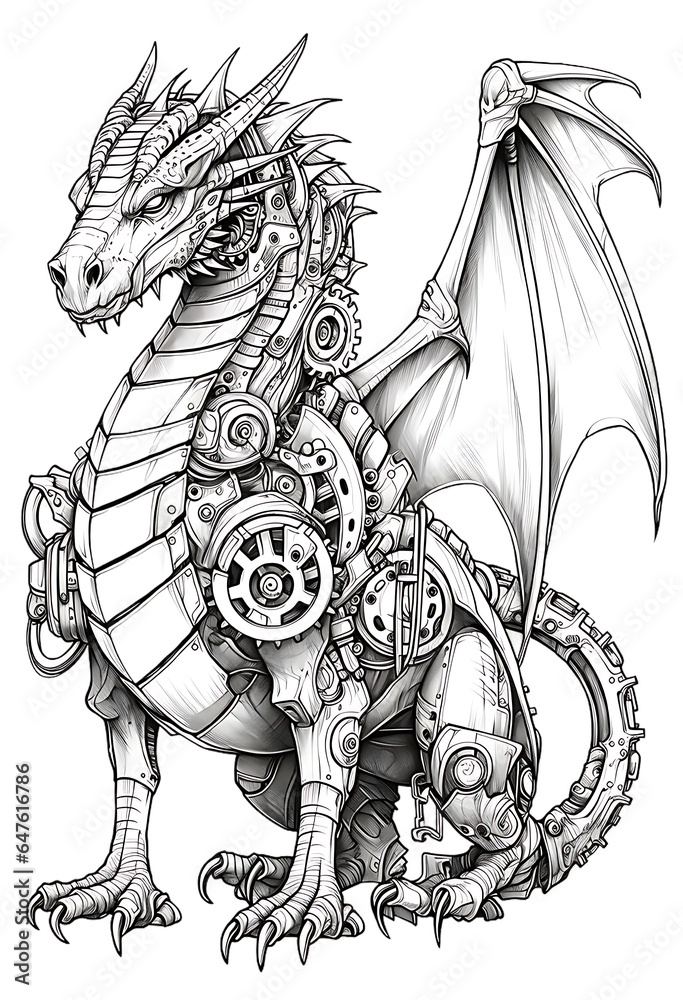 Enchanting Steampunk Dragon Coloring Page. Mechanical Dragon Coloring ...