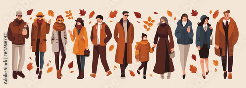 People in Autumn Fashion with Autumn Leaves Collection Vector Illustration