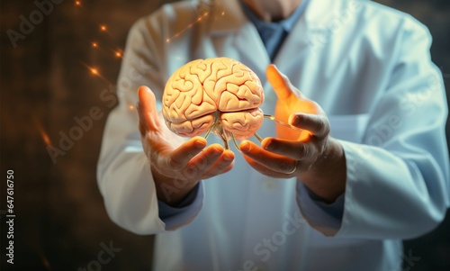 Doctor holds a human brain, diagnosing sickness and mental illness photo