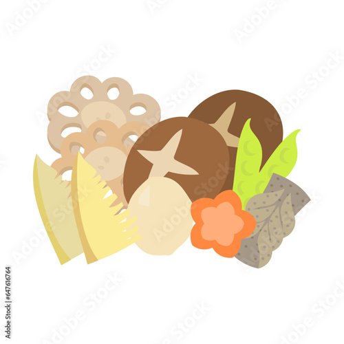 煮しめ。フラットなベクターイラスト。
Japanese simmered dish. Flat designed vector illustration.