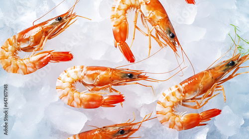 Top view of raw whole king prawns on ice. Seafood background. Generative AI photo