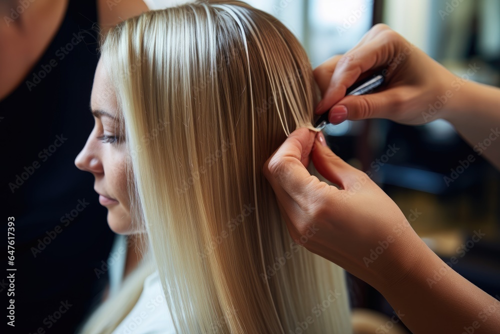 Hairdresser doing hair rebonding to long hair in the hair salon Hairdresser doing hair rebonding to long hair in the hair salon