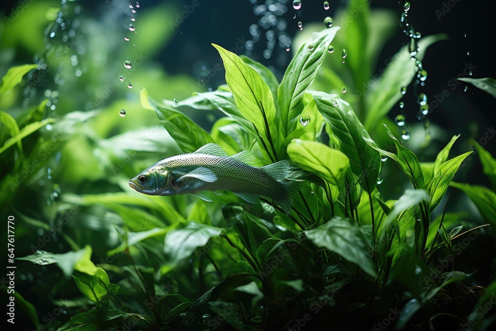 Green fresh herbs growing from the soil. Dense green grass. Underwater plants, algae and fish. Green plants grow under water. Generative AI. Green fresh herbs growing from the soil. Dense green grass. Underwater plants, algae and fish. Green plants grow under water. Generative AI.