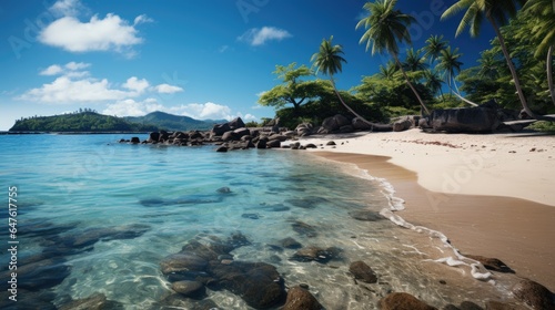 Tropical sandy beach by the sea. Coastline with palm trees. Generative AI.