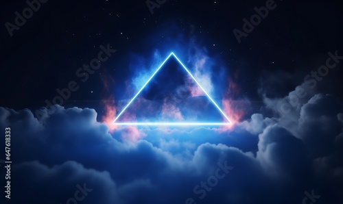 3d rendering, abstract futuristic background with neon geometric shape and stormy cloud on night sky. Rhombus frame with copy space, Generative AI