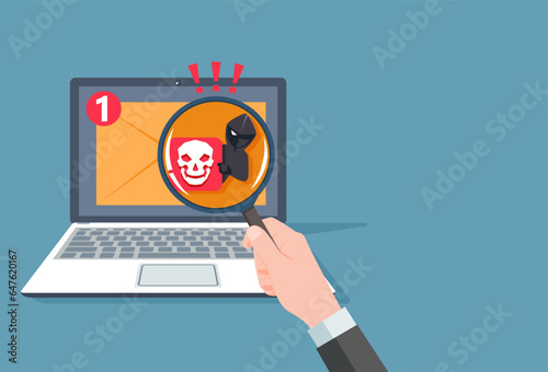 Hacker hide malware and virus program inside email on laptop. Phishing fraud scam and steal private data on devices. vector illustration flat design for cyber security awareness concept.