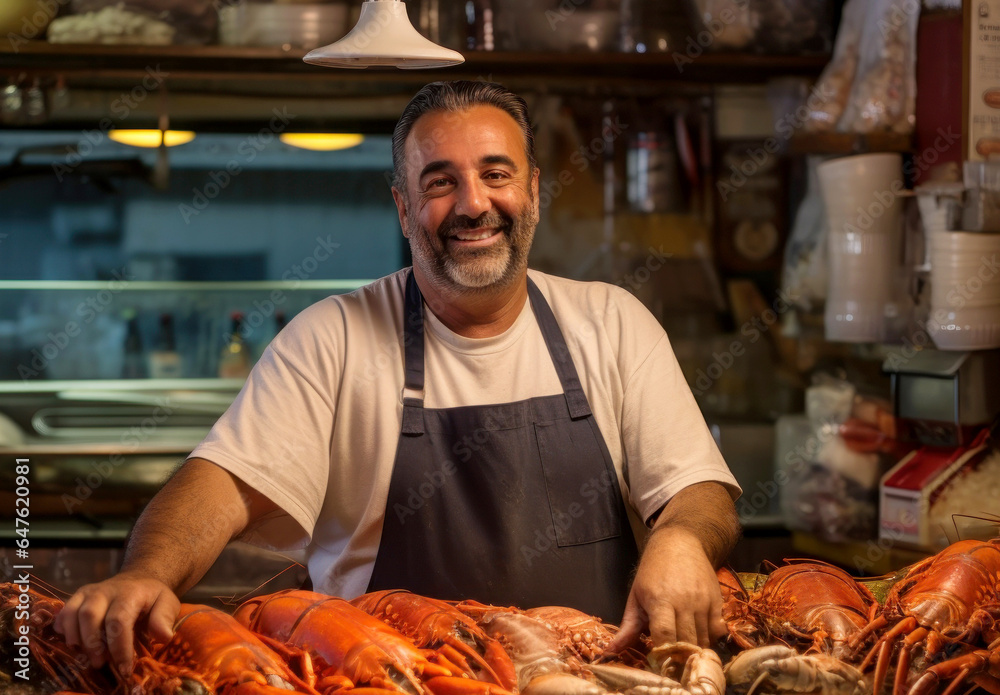 Smiling male business owner in an apron. Small cafe concept Smiling male business owner in an apron. Small cafe concept