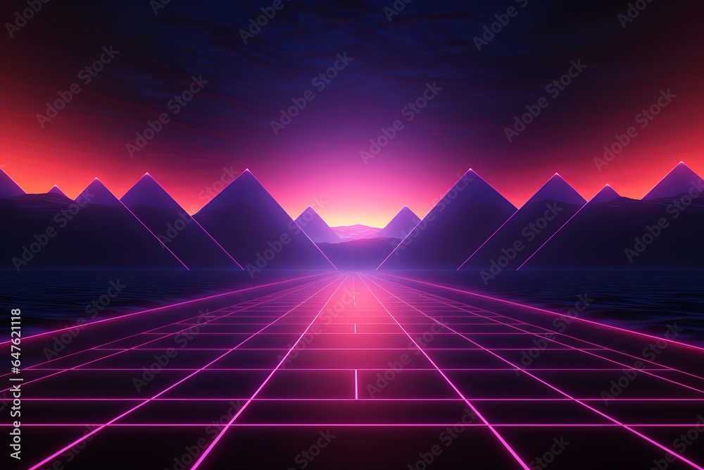 Background with a Retro Sci-Fi Feel 1980s landscape with a futuristic aesthetic. The digital surface of the cyberspace. Appropriate for use in design reflecting the aesthetic of the 1980s 