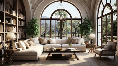 Mid-Century Modern Living Room with Beige Sofa and Arched Windows