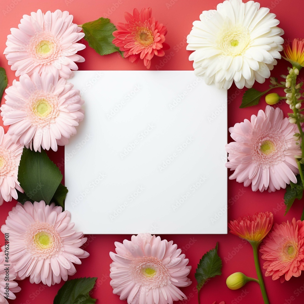 Blank square white card surrounded by gerbera flowers Generative AI Blank square white card surrounded by gerbera flowers Generative AI