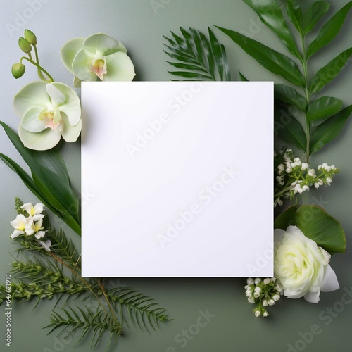 Blank square white card on a minimal background with flowers Generative AI