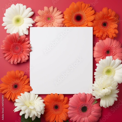 Blank square white card bordered by gerbera flowers Generative AI