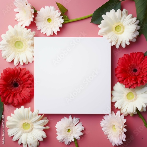 Blank square white card surrounded by gerbera flowers Generative AI