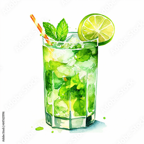Watercolor Mojito cocktail with mint and lime
