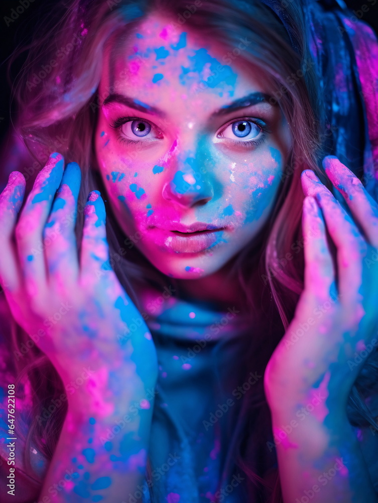A female with her face and hands covered in pink and blue paint AI Generated A female with her face and hands covered in pink and blue paint AI Generated