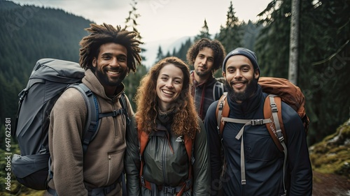 Multicultural hiking group with mountain backpacks