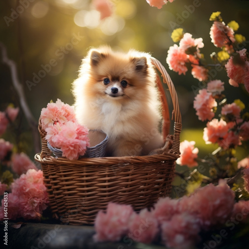 pomeranian puppy in basket