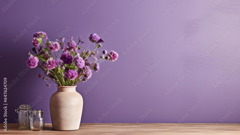 Wooden table with vase with bouquet of flowers near empty, blank purple wall. Home interior background with copy space. Wooden table with vase with bouquet of flowers near empty, blank purple wall. Home interior background with copy space.