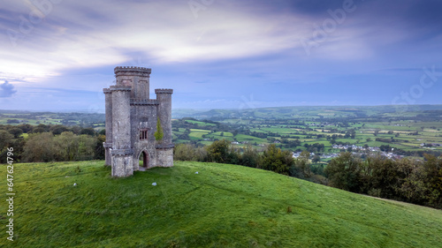 Perched on a hilltop near Llanarthney in the Towy Valley, a folly designed by the Samuel Pepys Cockerell and built by Sir William Paxton in honour of Lord Nelson's victory at Waterloo. 