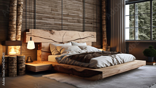 Rustic interior design of modern bedroom with wooden bed and forest view.