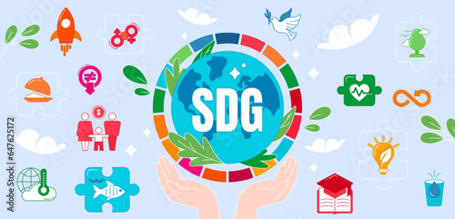 Flat icons of sustainable development goals by united nations. SDG signs on blue background. Global social targets to save planet, improve life and solve social problems in the world.