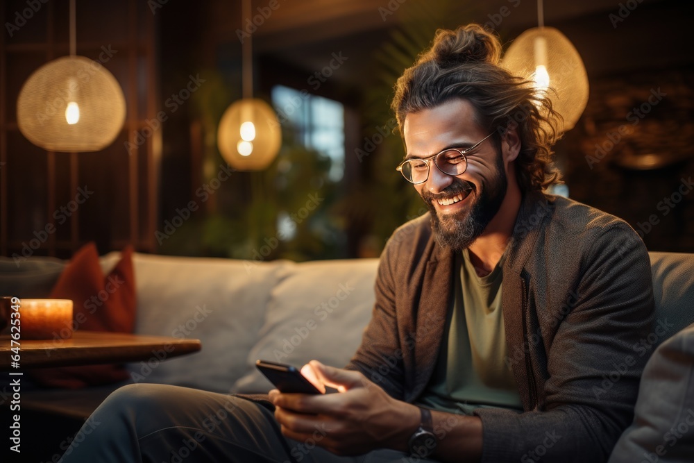 Laughing hipster man sitting work with a mobile phone on a sofa in living room. AI generate Laughing hipster man sitting work with a mobile phone on a sofa in living room. AI generate