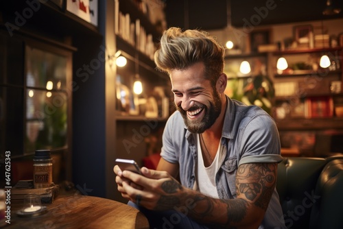 Laughing hipster man sitting work with a mobile phone on a sofa in living room. AI generate