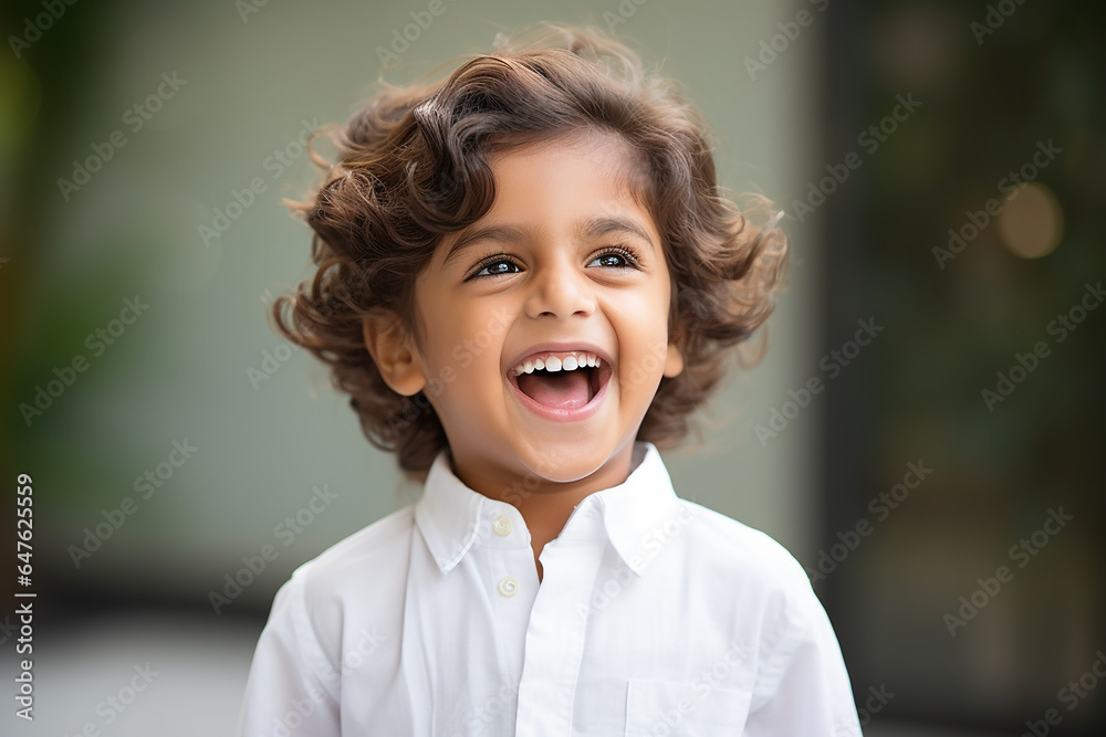 Studio portrait of cute little laughing boy on different colour background - obrazy, fototapety, plakaty 