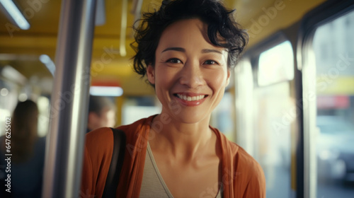 Middle-Aged Asian Woman, Beaming at the Camera, Enjoys Her Tram Journey to Work, Embodied as the Delight of Public Transit Amid Fellow Passengers.