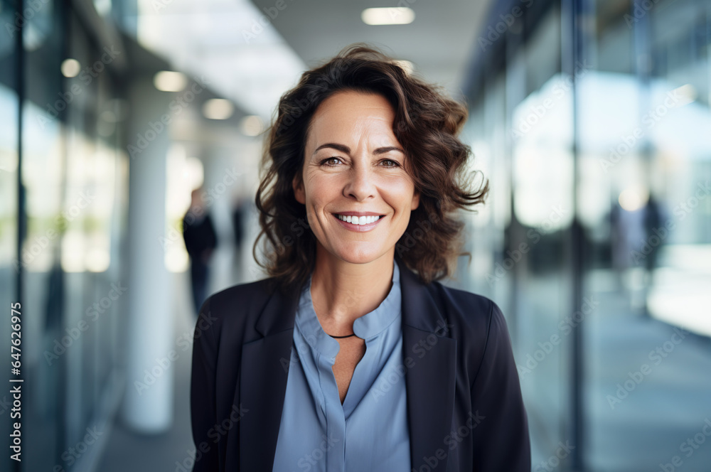 Photo of happy female manager in front of office Photo of happy female manager in front of office