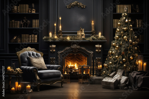 A cozy black minimal living room with a roaring fire in the fireplace  decorated with gold stockings  ornaments  and a beautifully lit Christmas tree in the corner. Generative Ai
