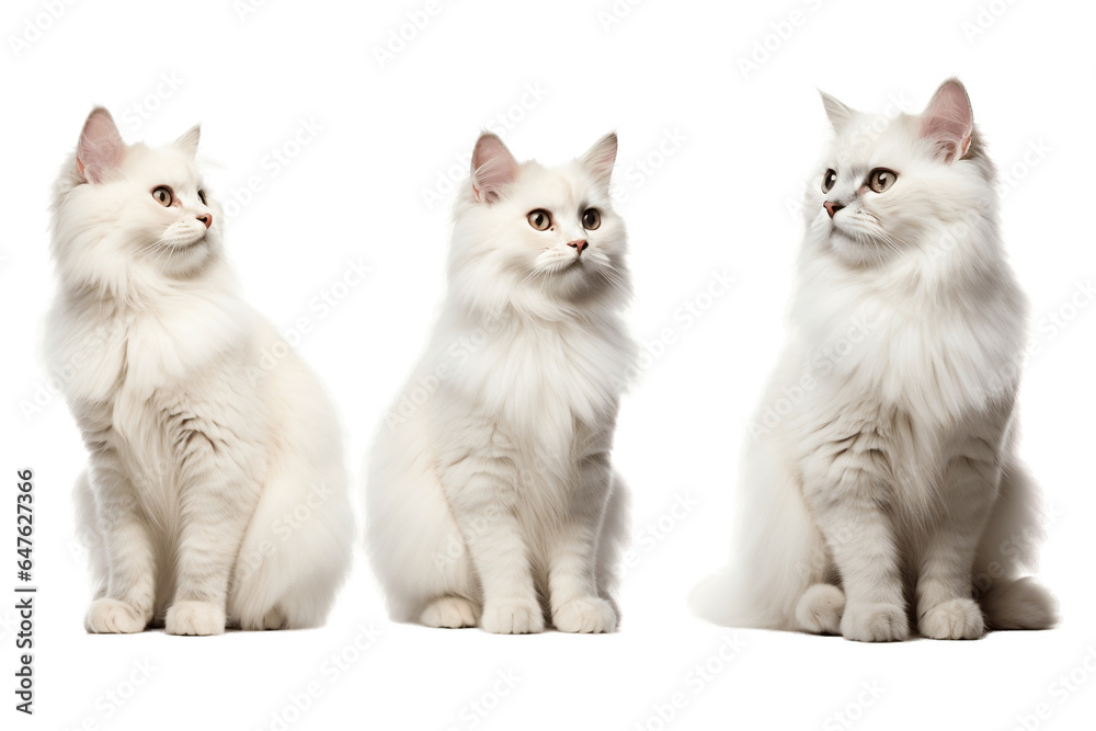 Set of White Cats Isolated on Transparent Background - Generative AI