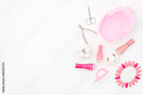 Manicure and pedicure set with beauty cosmetic products for nail care