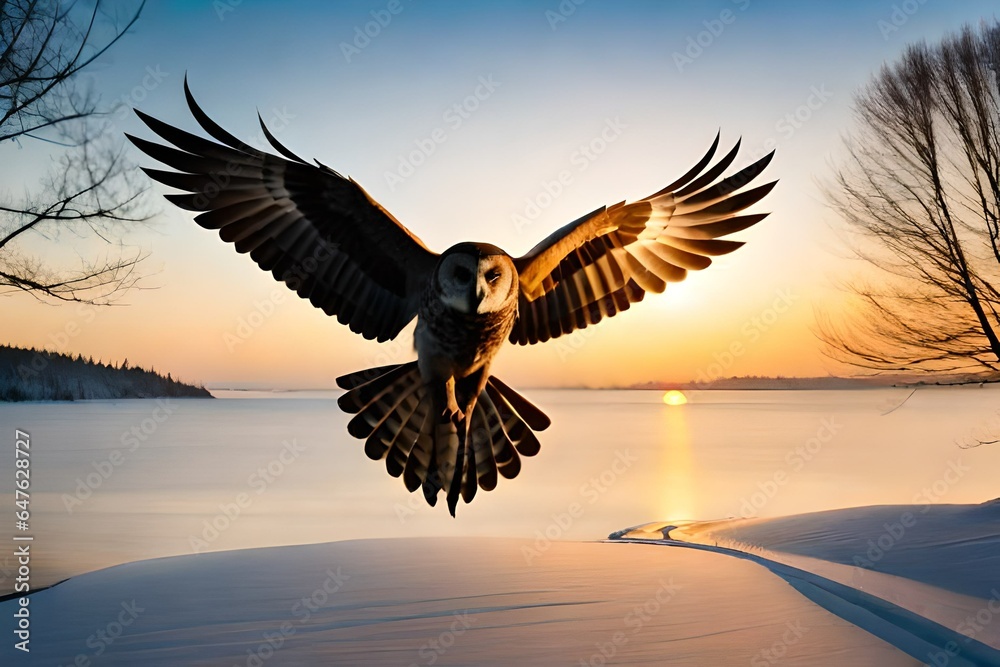 flying owl over the lake during sunset. AI-Generated - obrazy, fototapety, plakaty 