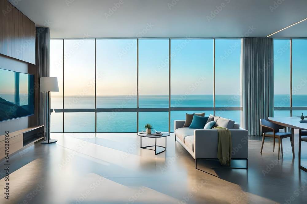a sea facing beautiful living room, visible from a full walled window. AI-Generated a sea facing beautiful living room, visible from a full walled window. AI-Generated