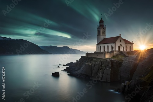 northern lights near the castle above the sea. AI-Generated © Rida