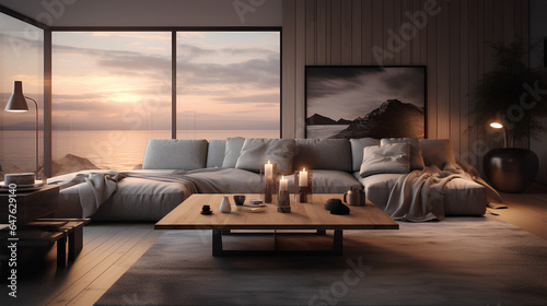 Scandanavian interior design of living room at the sunset © Supawit