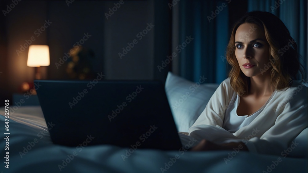 A woman working on laptop in her bed. A woman working on laptop in her bed.